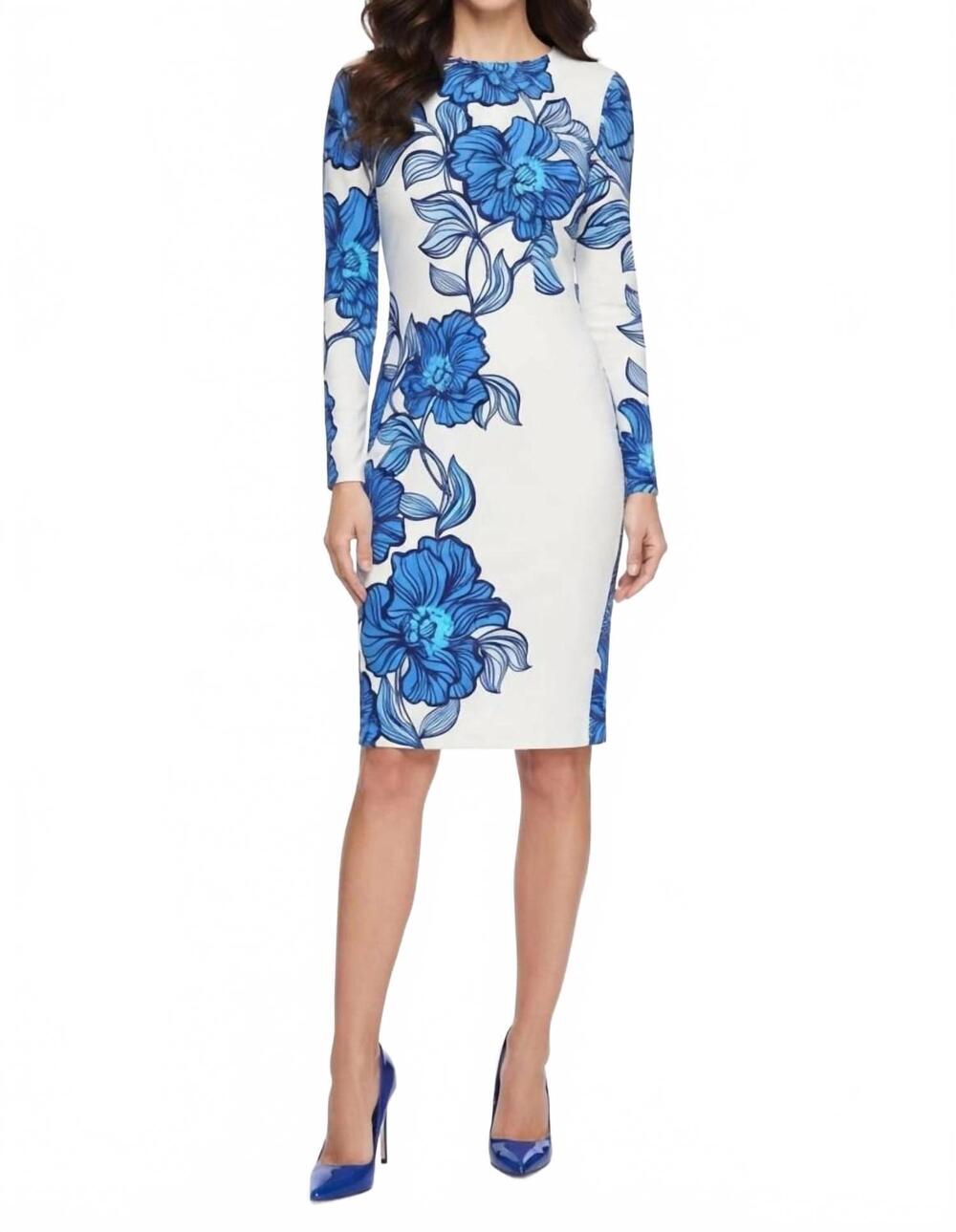 NEW MAGGY LONDON floral print long sleeve sheath dress in white navy